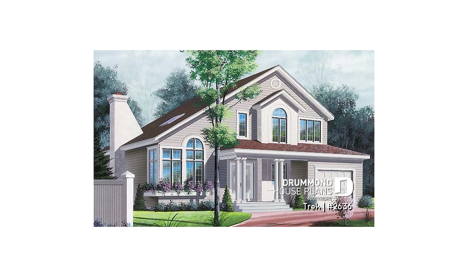 front - BASE MODEL - Modern 3 to 4 bedroom home, mezzanine, great family room with fireplace, one-car garage - Trek