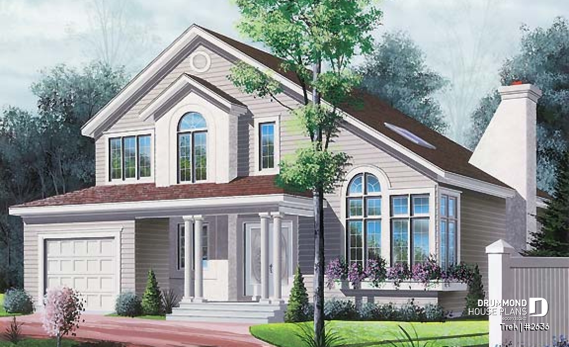 front - BASE MODEL - Modern 3 to 4 bedroom home, mezzanine, great family room with fireplace, one-car garage - Trek