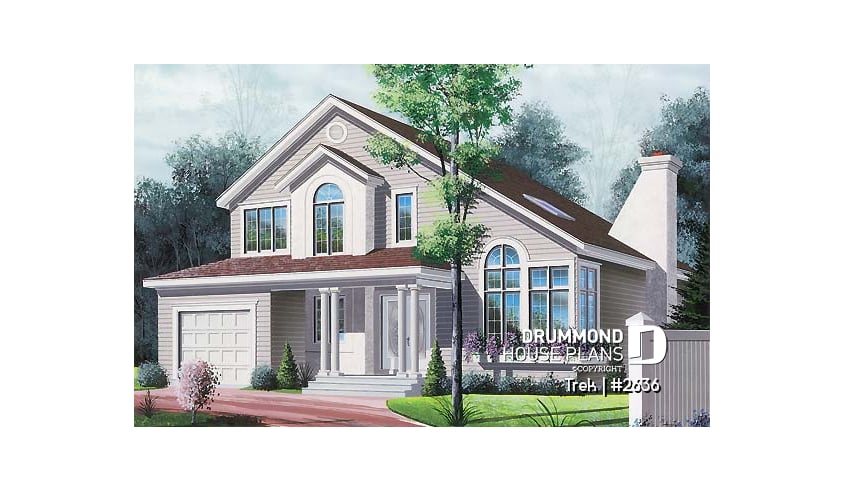 front - BASE MODEL - Modern 3 to 4 bedroom home, mezzanine, great family room with fireplace, one-car garage - Trek