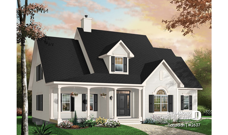 Color version 3 - Front - 2-story 3 to 4 bedrooms house plan, 2.5 bathrooms, large bonus room, side-load 2-car garage, home office - Canadian