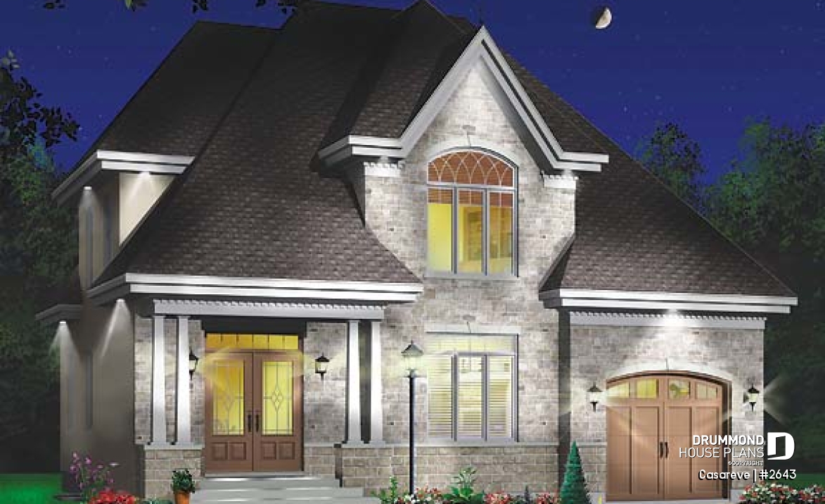 front - BASE MODEL - House plan with large laundry room, 2-sided fireplace, 4 bedrooms, garage - Casareve