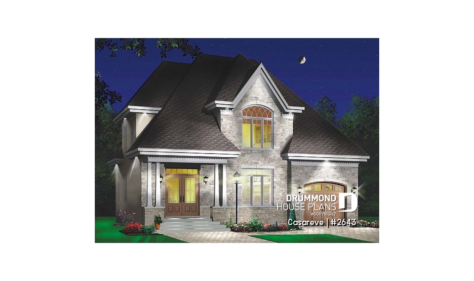 front - BASE MODEL - House plan with large laundry room, 2-sided fireplace, 4 bedrooms, garage - Casareve