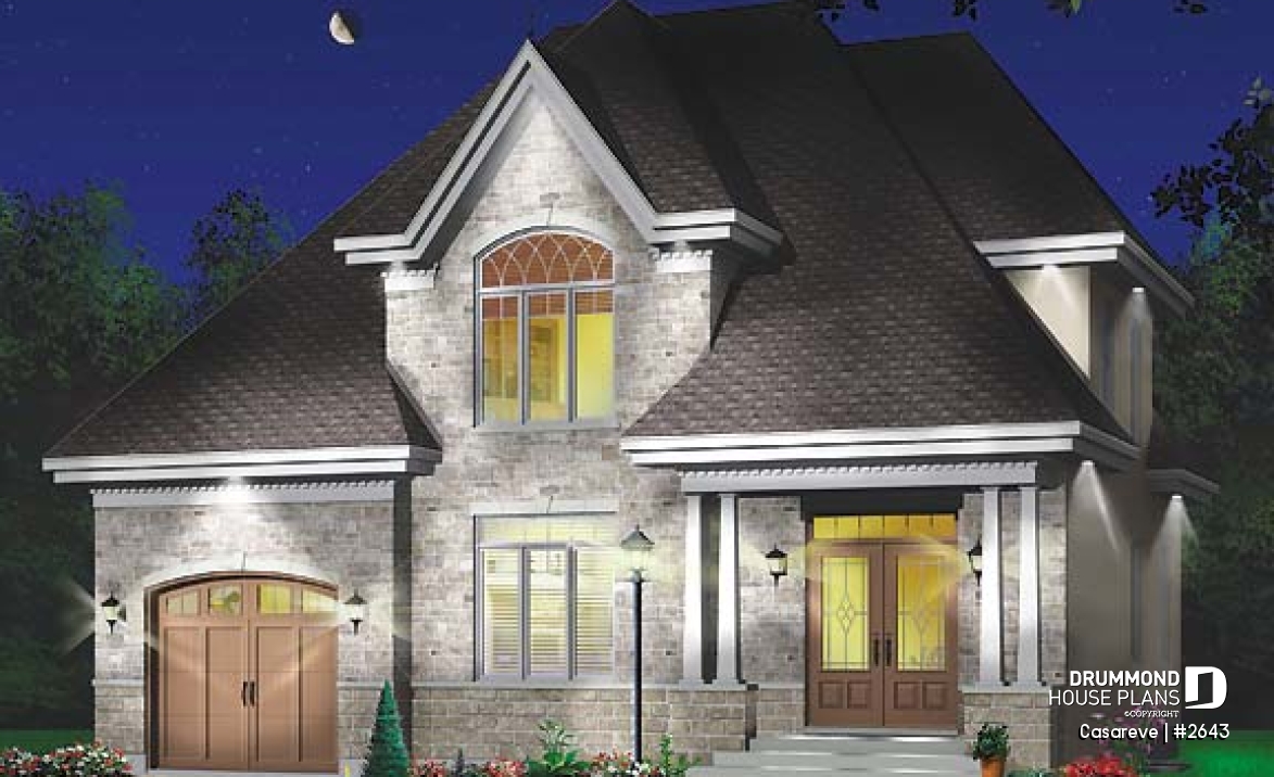 front - BASE MODEL - House plan with large laundry room, 2-sided fireplace, 4 bedrooms, garage - Casareve
