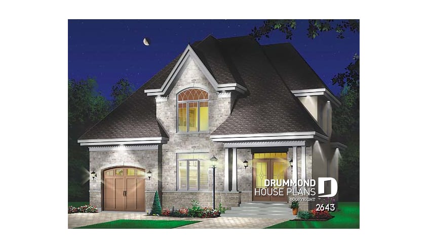 front - BASE MODEL - House plan with large laundry room, 2-sided fireplace, 4 bedrooms, garage - Casareve