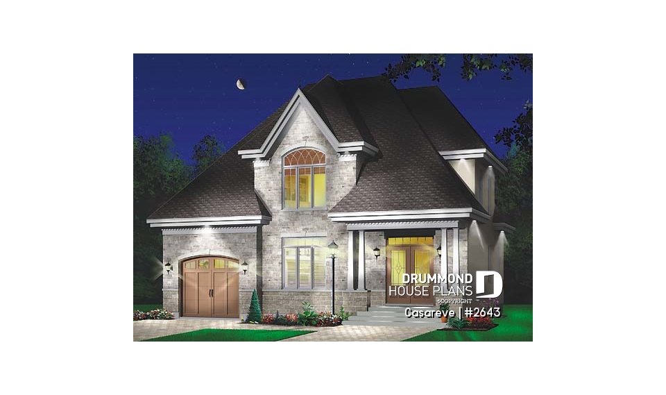 front - BASE MODEL - House plan with large laundry room, 2-sided fireplace, 4 bedrooms, garage - Casareve