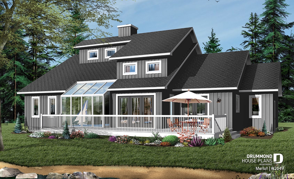 Color version 1 - Rear - Large master suite, modern cottage house plan, great open floor plan waterfront or mountain home design - Merlot