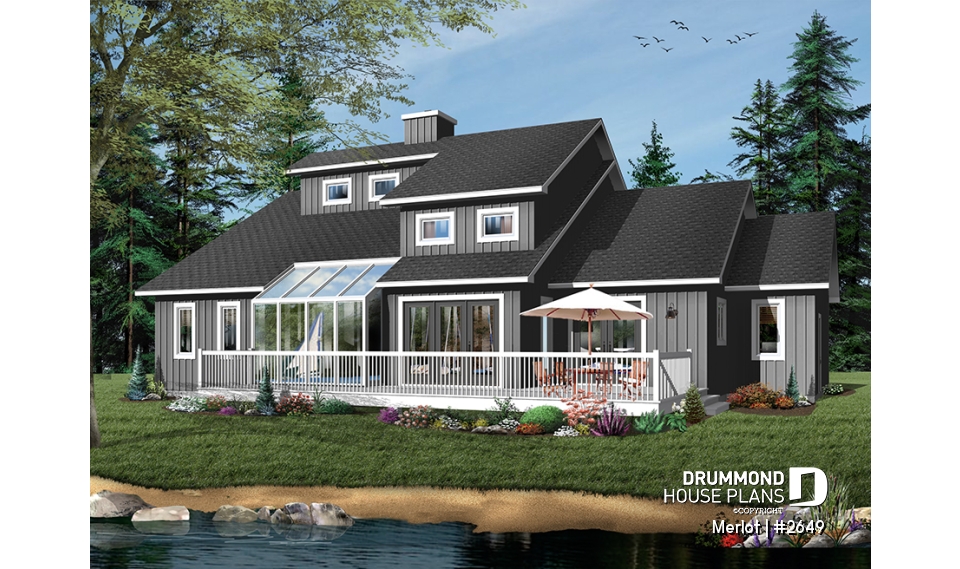 Color version 1 - Rear - Large master suite, modern cottage house plan, great open floor plan waterfront or mountain home design - Merlot