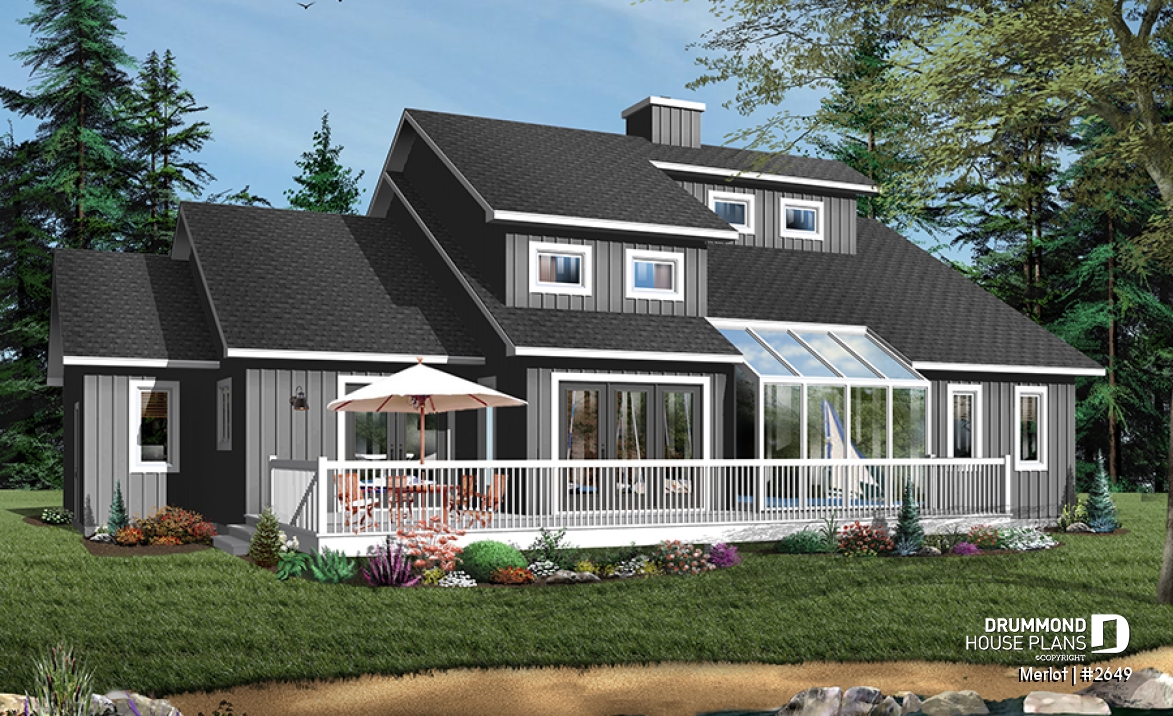 Color version 1 - Rear - Large master suite, modern cottage house plan, great open floor plan waterfront or mountain home design - Merlot