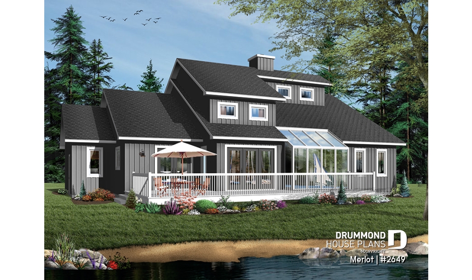 Color version 1 - Rear - Large master suite, modern cottage house plan, great open floor plan waterfront or mountain home design - Merlot