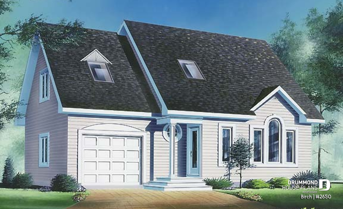 front - BASE MODEL - 2 storey house plan with one-car garage, open floor plan and 3 bedrooms.  - Birch