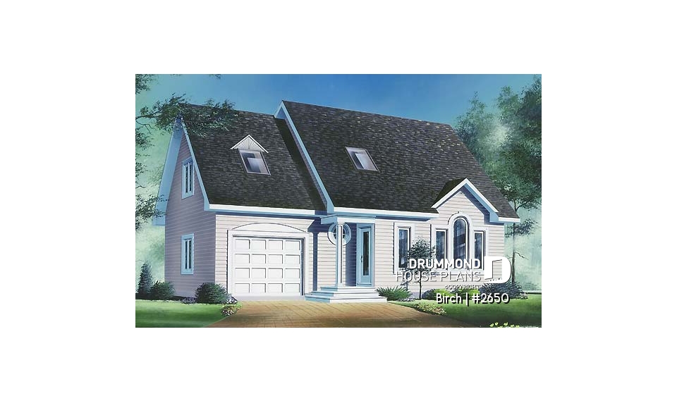 front - BASE MODEL - 2 storey house plan with one-car garage, open floor plan and 3 bedrooms.  - Birch