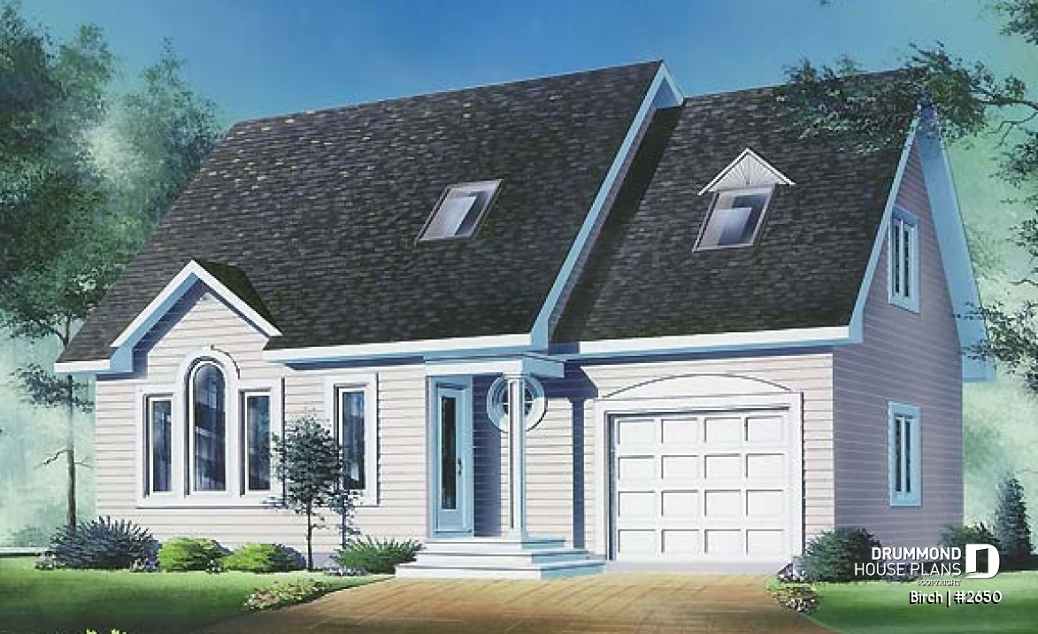 front - BASE MODEL - 2 storey house plan with one-car garage, open floor plan and 3 bedrooms.  - Birch