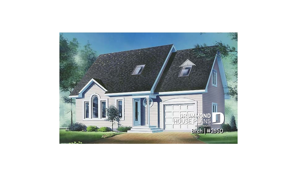 front - BASE MODEL - 2 storey house plan with one-car garage, open floor plan and 3 bedrooms.  - Birch