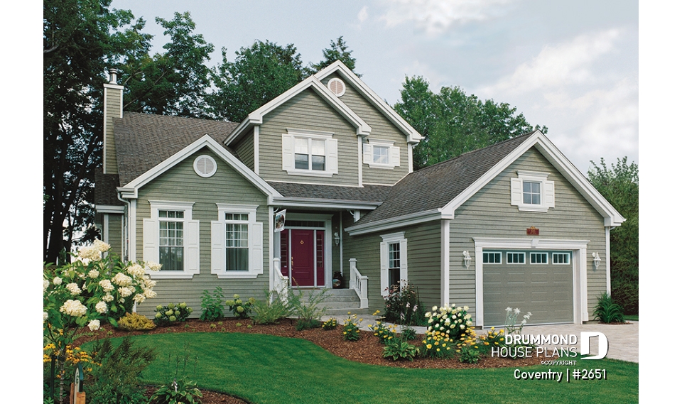 front - BASE MODEL - 2 bedrooms, 2 storey new American cottage with garage, pantry, large living room with fireplace - Coventry