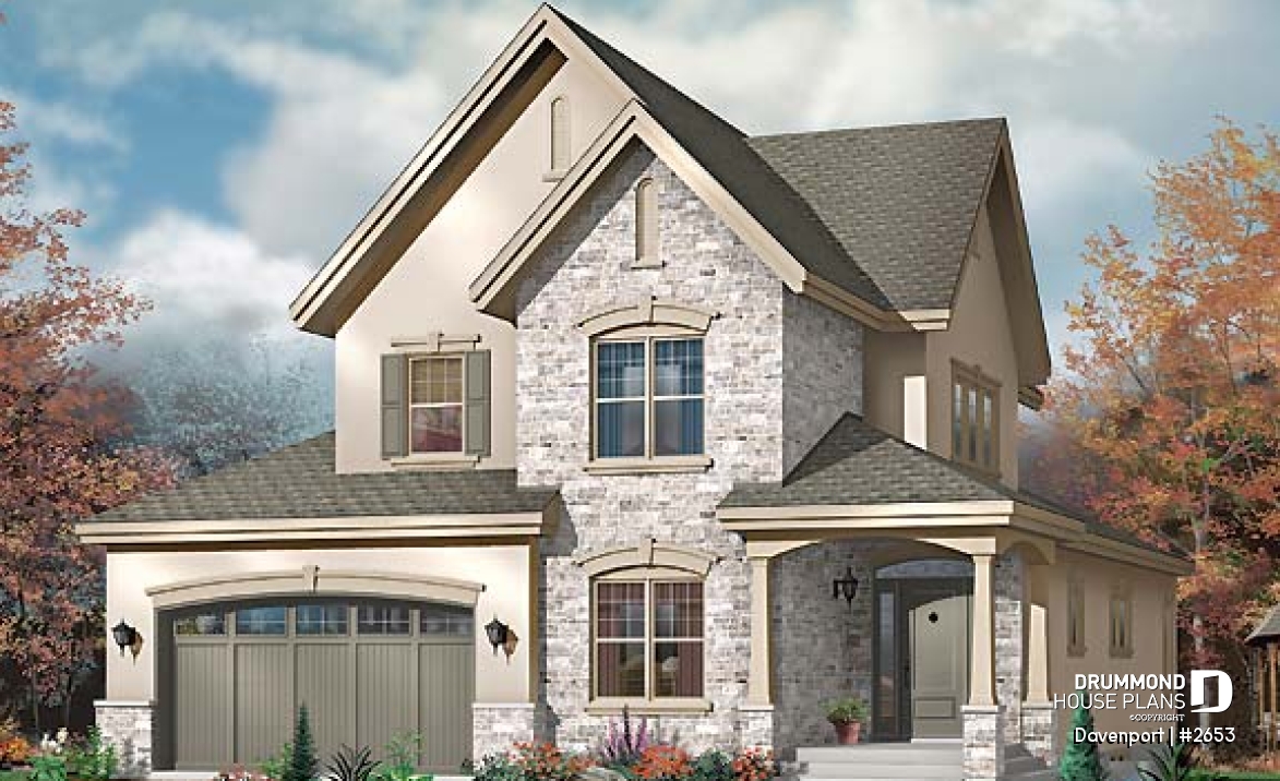 front - BASE MODEL - European luxury house plan, 3 to 4 bedrooms, open stairwell, 2-car garage  - Davenport