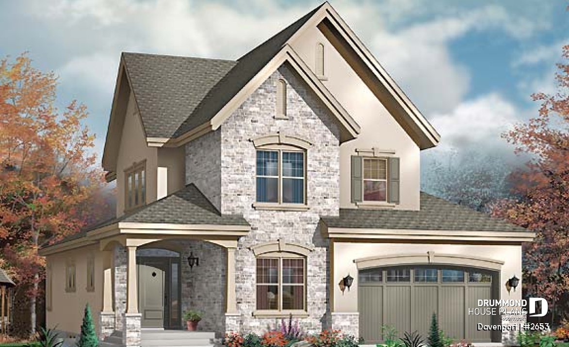 front - BASE MODEL - European luxury house plan, 3 to 4 bedrooms, open stairwell, 2-car garage  - Davenport