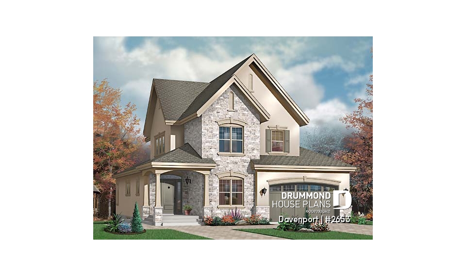 front - BASE MODEL - European luxury house plan, 3 to 4 bedrooms, open stairwell, 2-car garage  - Davenport
