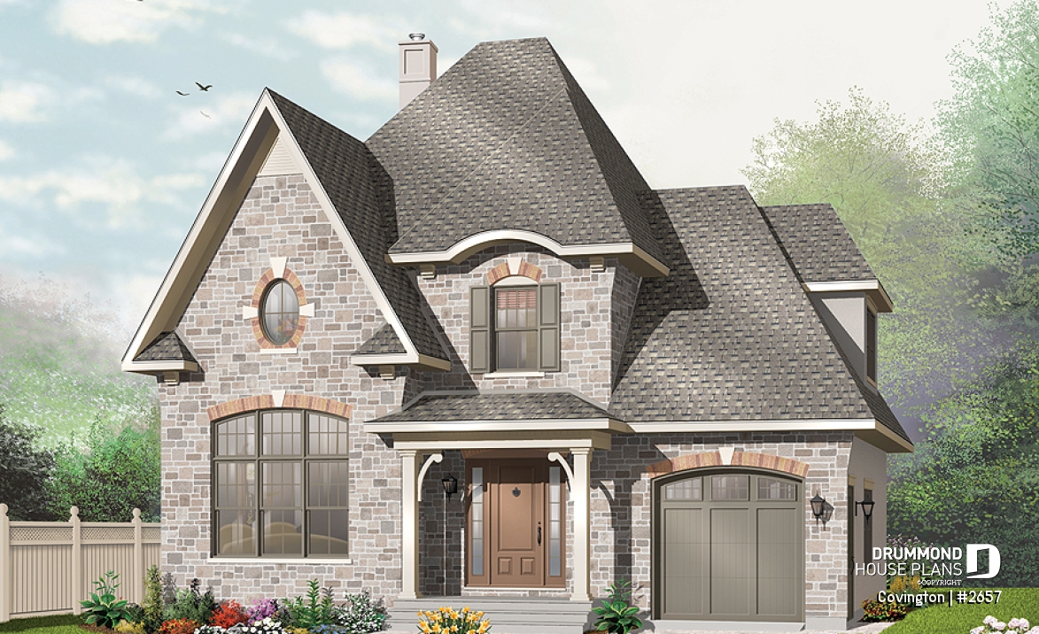front - BASE MODEL - English Manor style house plan with garage, 3 bedrooms, living room with fireplace, pantry in kitchen - Covington