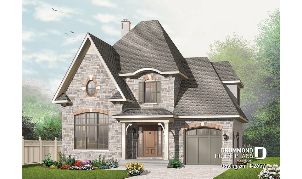 front - BASE MODEL - English Manor style house plan with garage, 3 bedrooms, living room with fireplace, pantry in kitchen - Covington
