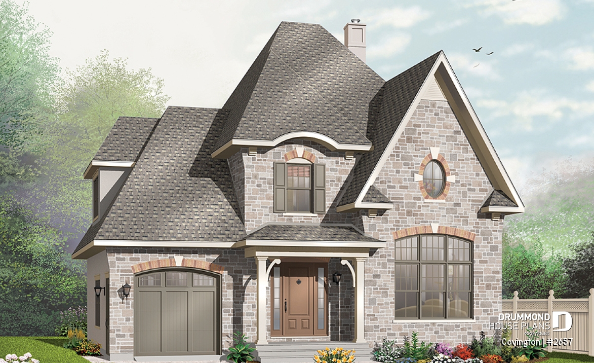 front - BASE MODEL - English Manor style house plan with garage, 3 bedrooms, living room with fireplace, pantry in kitchen - Covington