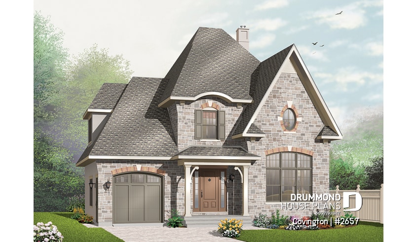 front - BASE MODEL - English Manor style house plan with garage, 3 bedrooms, living room with fireplace, pantry in kitchen - Covington