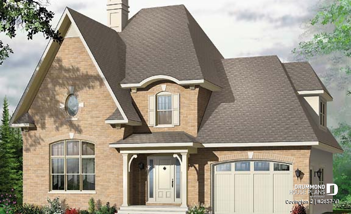 front - BASE MODEL - 3 bedroom manor style home design with mezzanine, fireplace and garage, covered rear terrace - Covington 2
