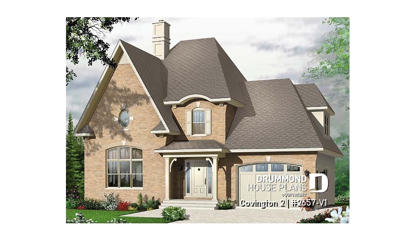 front - BASE MODEL - 3 bedroom manor style home design with mezzanine, fireplace and garage, covered rear terrace - Covington 2