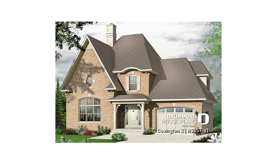 front - BASE MODEL - 3 bedroom manor style home design with mezzanine, fireplace and garage, covered rear terrace - Covington 2