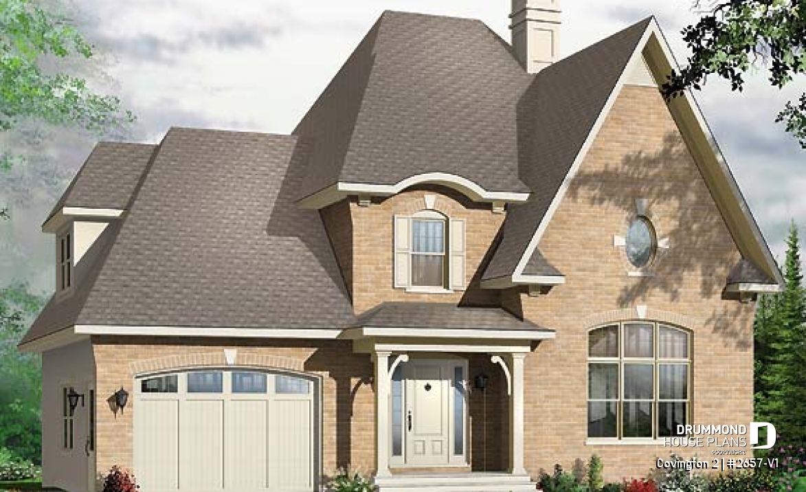 front - BASE MODEL - 3 bedroom manor style home design with mezzanine, fireplace and garage, covered rear terrace - Covington 2