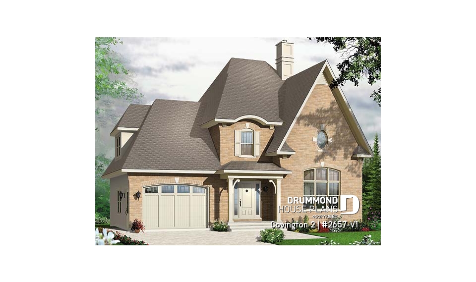 front - BASE MODEL - 3 bedroom manor style home design with mezzanine, fireplace and garage, covered rear terrace - Covington 2