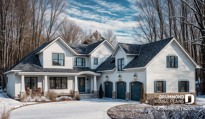 front - BASE MODEL - 4 to 5 beds, 4 bathroom modern farmhouse plan, 3-car garage, master suite w/ fireplace, bonus room, mezzanine - The Stocksmith