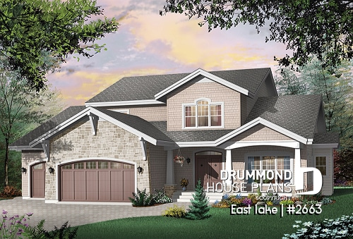 front - BASE MODEL - Beautiful Cap Cod style house plan, 4 to 5 bedrooms, 3-car garage, formal dining room, 3 living rooms - East lake