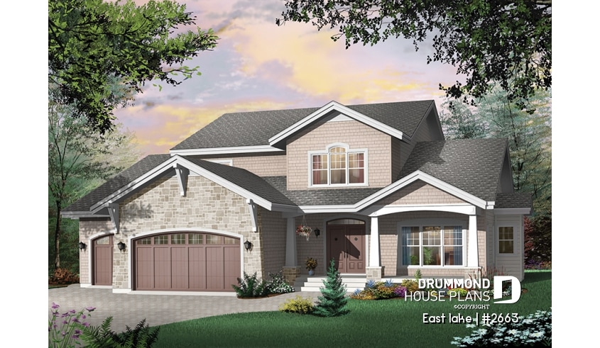 front - BASE MODEL - Beautiful Cap Cod style house plan, 4 to 5 bedrooms, 3-car garage, formal dining room, 3 living rooms - East lake