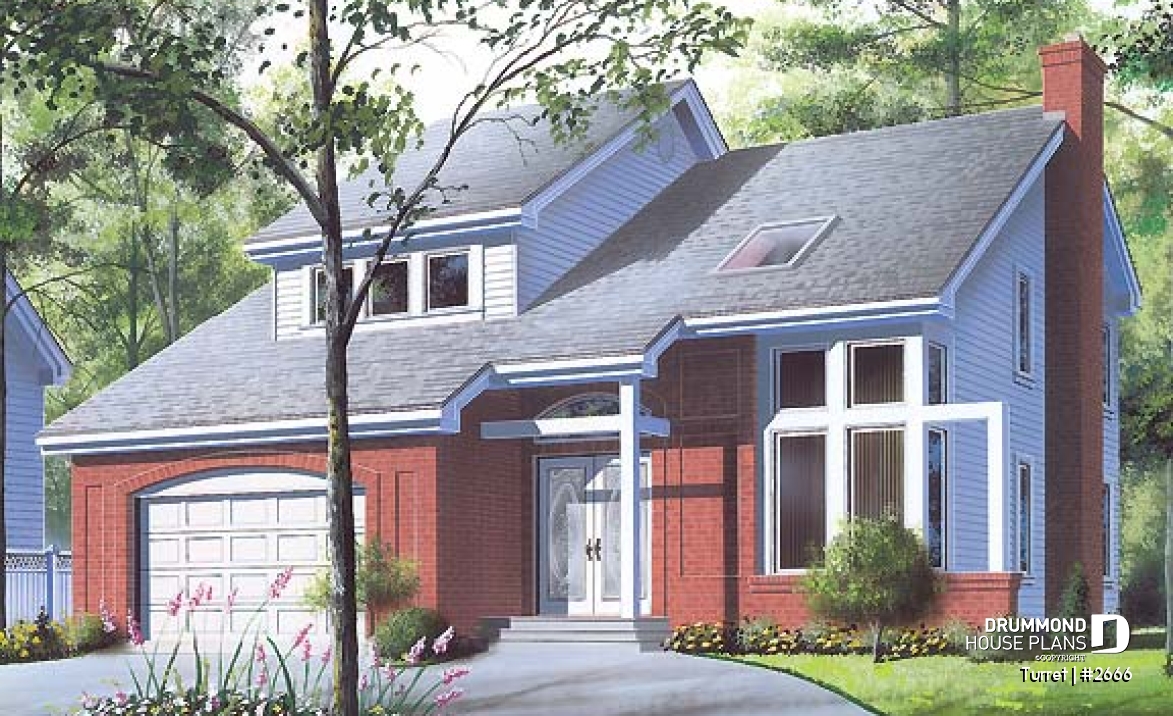 front - BASE MODEL - Modern 3 bedroom home plan, den, mezzanine, open floor plan, kitchen island - Turret