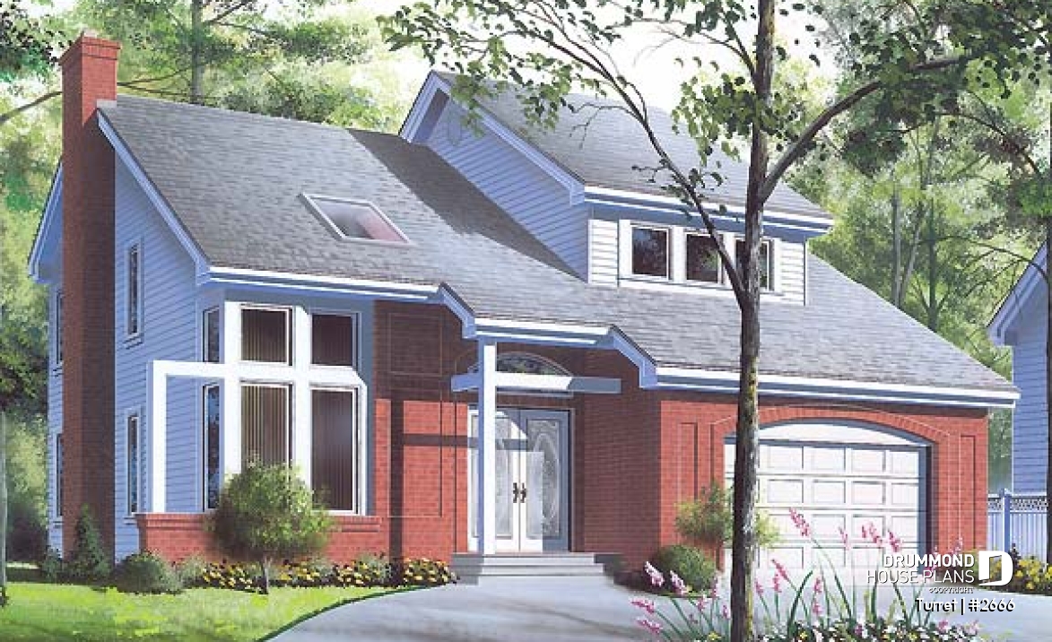 front - BASE MODEL - Modern 3 bedroom home plan, den, mezzanine, open floor plan, kitchen island - Turret