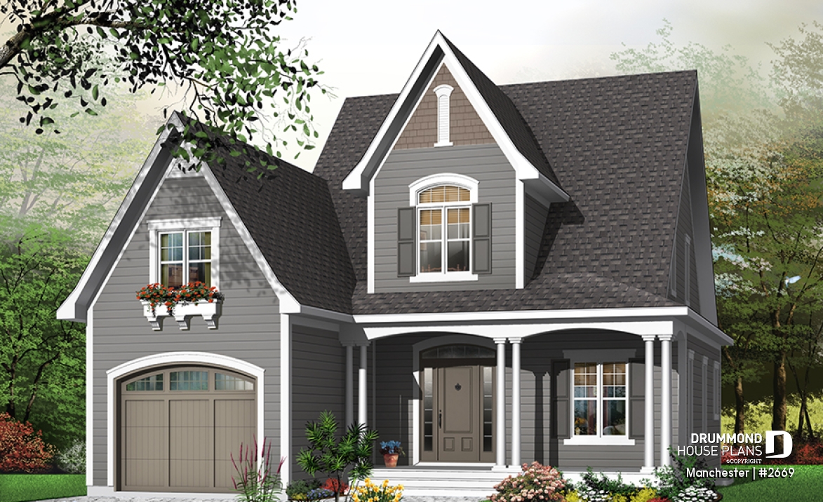 Color version 1 - Front - Affordable and Small Tudor house plan, master suite, large covered rear balcony, 9' ceiling on main - Manchester