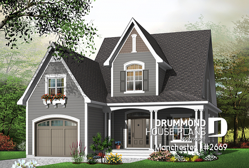 Color version 1 - Front - Affordable and Small Tudor house plan, master suite, large covered rear balcony, 9' ceiling on main - Manchester