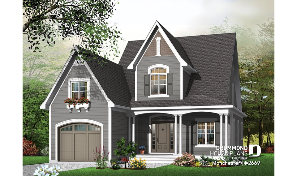 Color version 1 - Front - Affordable and Small Tudor house plan, master suite, large covered rear balcony, 9' ceiling on main - Manchester
