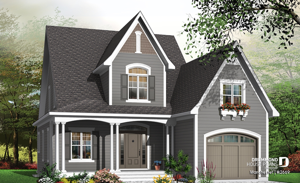 Color version 1 - Front - Affordable and Small Tudor house plan, master suite, large covered rear balcony, 9' ceiling on main - Manchester