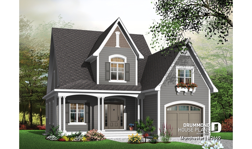 Color version 1 - Front - Affordable and Small Tudor house plan, master suite, large covered rear balcony, 9' ceiling on main - Manchester