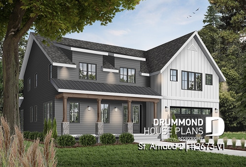 front - BASE MODEL - Comfortable 5 beds, 4.5 baths Modern Farm House style house plan with home office, 2-car garage, open floor - St. Arnaud 2