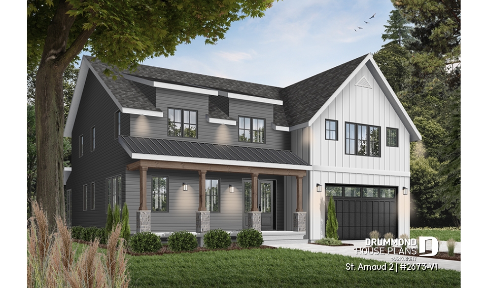 front - BASE MODEL - Comfortable 5 beds, 4.5 baths Modern Farm House style house plan with home office, 2-car garage, open floor - St. Arnaud 2