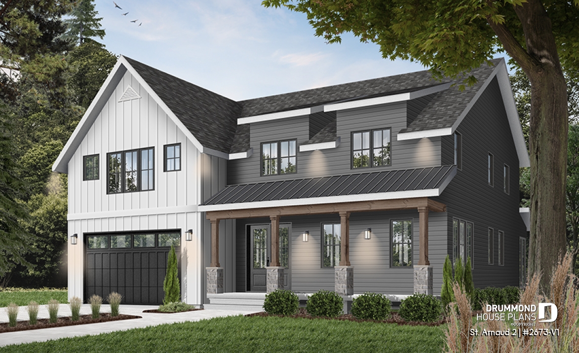 front - BASE MODEL - Comfortable 5 beds, 4.5 baths Modern Farm House style house plan with home office, 2-car garage, open floor - St. Arnaud 2