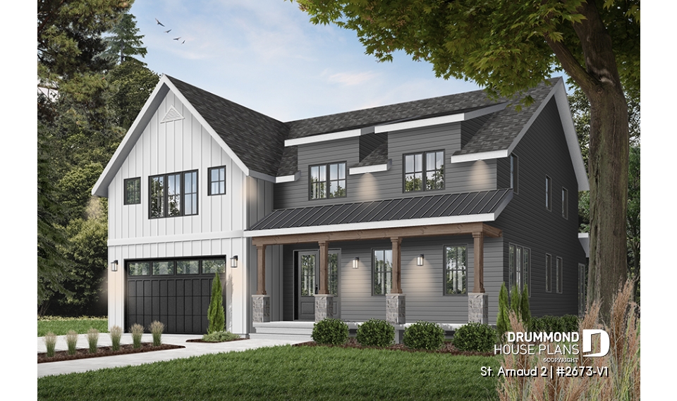 front - BASE MODEL - Comfortable 5 beds, 4.5 baths Modern Farm House style house plan with home office, 2-car garage, open floor - St. Arnaud 2