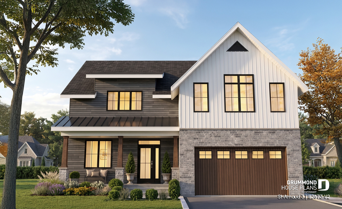 front - BASE MODEL - Contemporary Farmhouse Home Plan – 4 Bedrooms, Double Garage and Stunning Fireplace - St-Arnaud 3