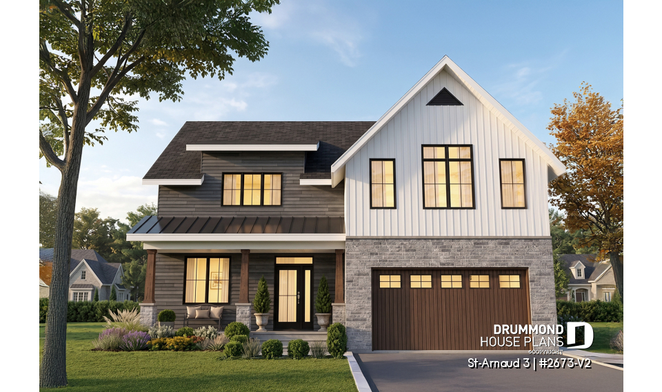 front - BASE MODEL - Contemporary Farmhouse Home Plan – 4 Bedrooms, Double Garage and Stunning Fireplace - St-Arnaud 3
