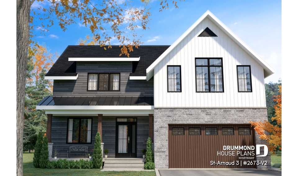 front - BASE MODEL - Contemporary Farmhouse Home Plan – 4 Bedrooms, Double Garage and Stunning Fireplace - St-Arnaud 3