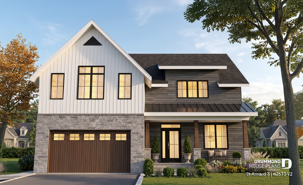 front - BASE MODEL - Contemporary Farmhouse Home Plan – 4 Bedrooms, Double Garage and Stunning Fireplace - St-Arnaud 3