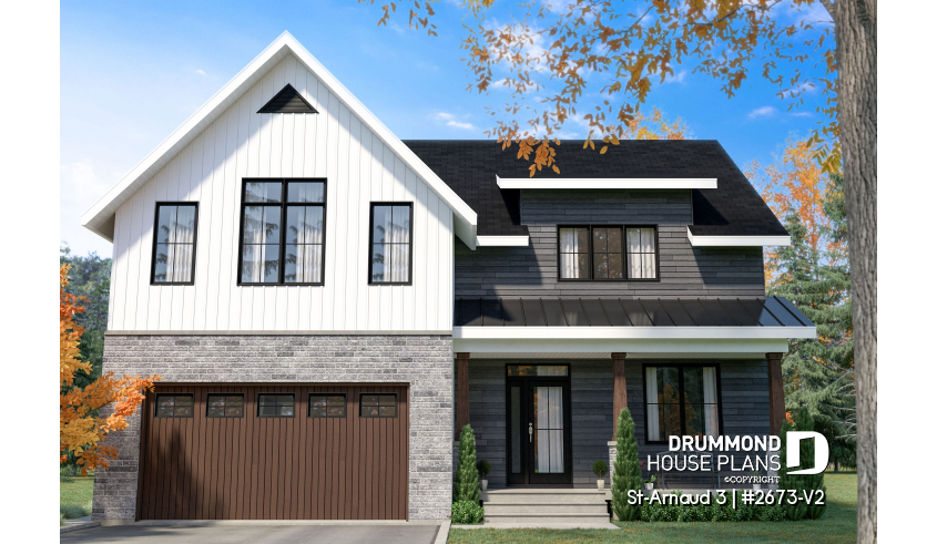 front - BASE MODEL - Contemporary Farmhouse Home Plan – 4 Bedrooms, Double Garage and Stunning Fireplace - St-Arnaud 3