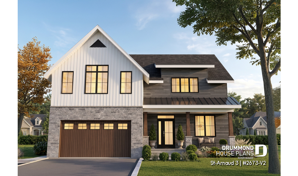 front - BASE MODEL - Contemporary Farmhouse Home Plan – 4 Bedrooms, Double Garage and Stunning Fireplace - St-Arnaud 3